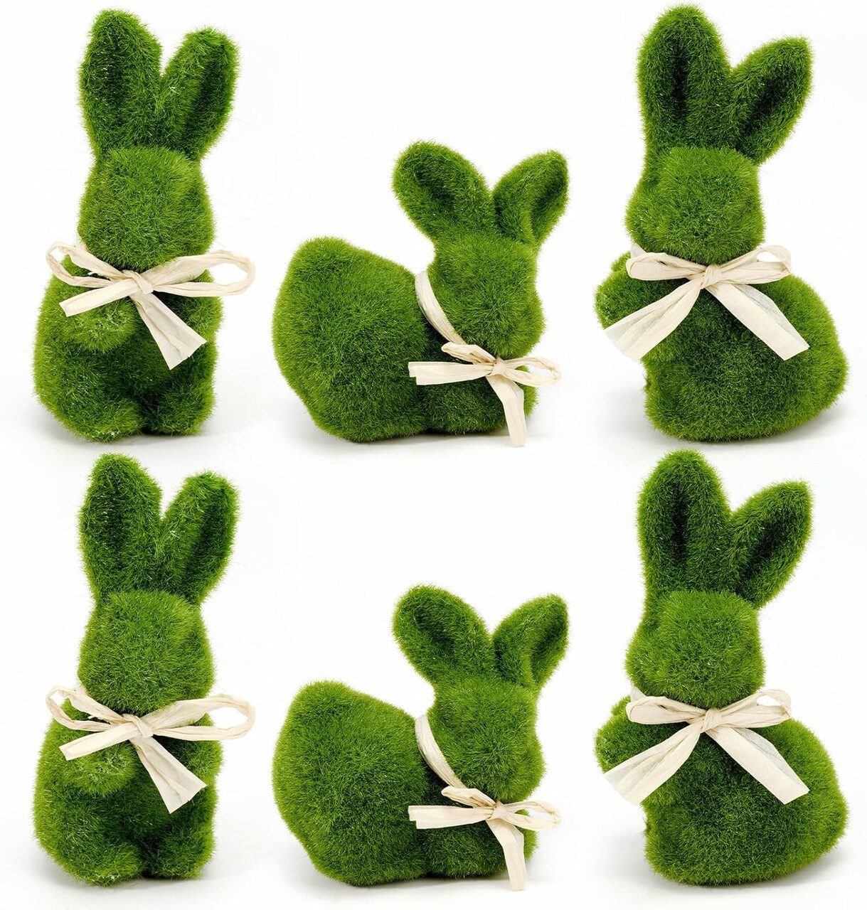 Set of 6 Moss Easter Bunnies – 5” Artificial Rabbit Figurines for Spring & Holiday Decor